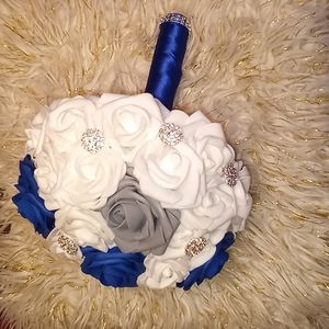Handmade Wedding or bridesmaid bouquet artificial white, royal blue ,gray roses